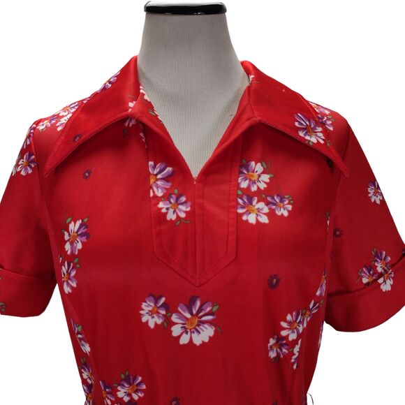 Vintage 70s Casual Midi Dress Size L Red Floral Print Dagger Collar Poly Knit - Picture 2 of 11